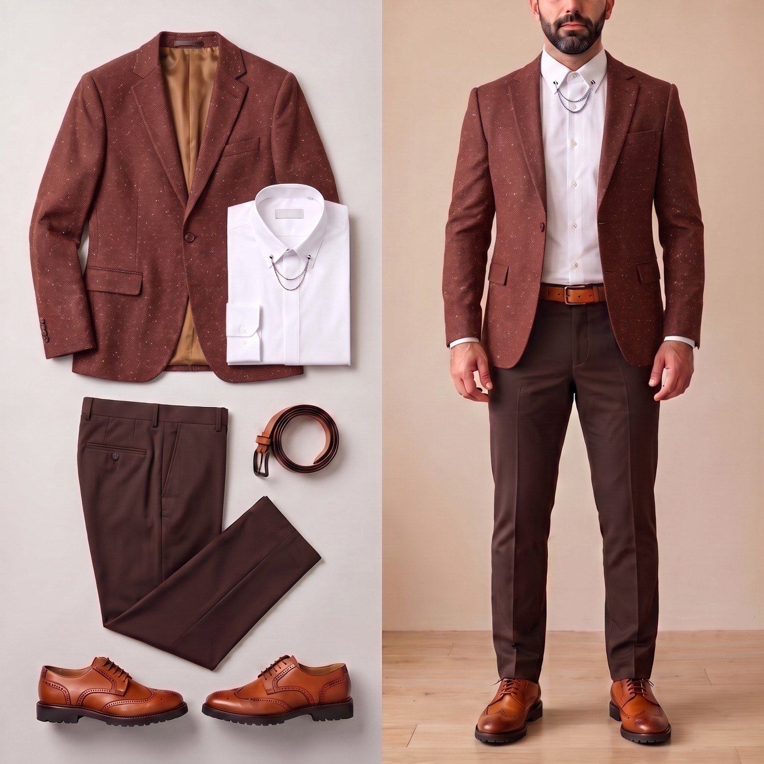 Taba Kırçıllı Blazer Ceket Kombini Erkek | Slim Fit Şık Komple Set