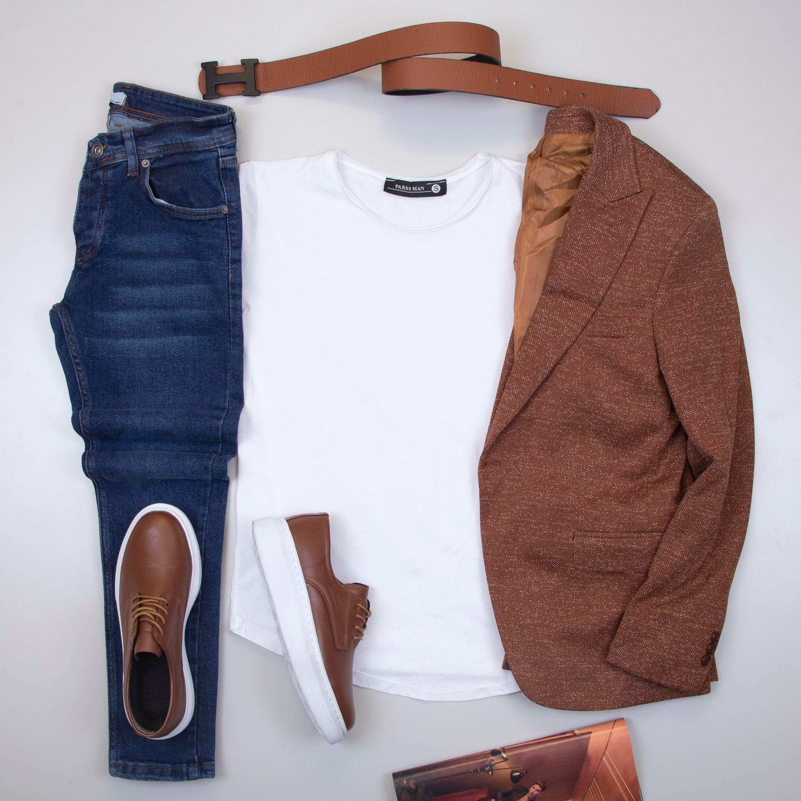 Taba Kırçıllı  Blazer Ceket Tişört Pantolon Ayakkabı Kombin