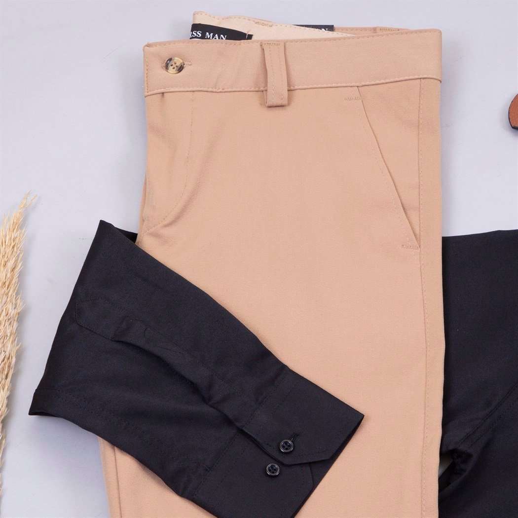 Taba Kumaş Pantolon Gömlek Ayakkabı Kombin