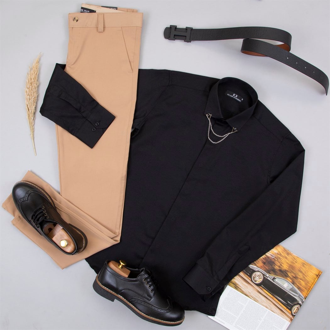 Taba Kumaş Pantolon Gömlek Ayakkabı Kombin