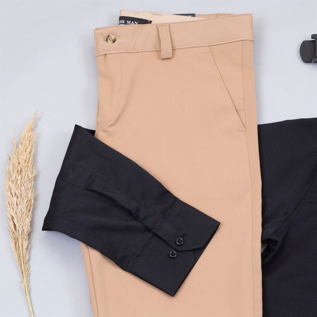 Taba Kumaş Pantolon Gömlek Ayakkabı Kombin