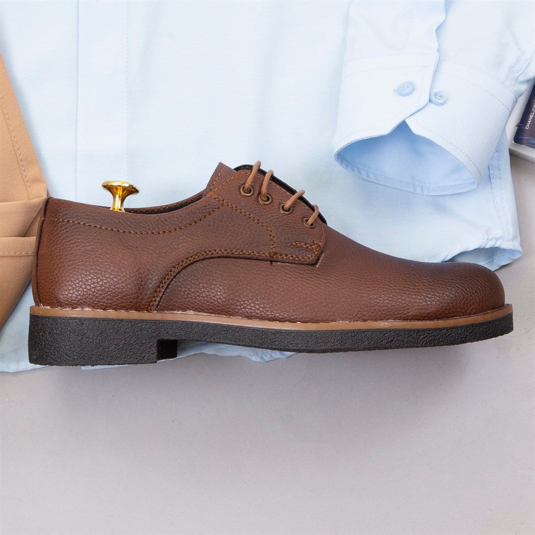 Taba Kumaş Pantolon Gömlek Ayakkabı Kombin