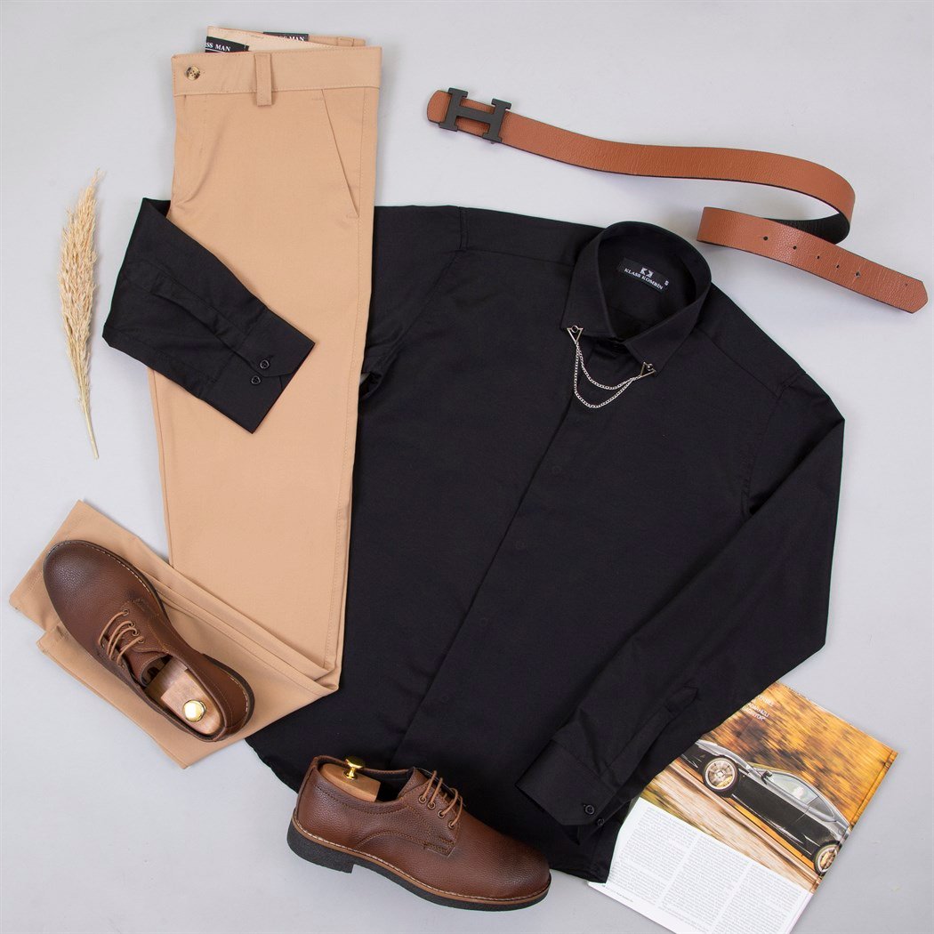 Taba Kumaş Pantolon Gömlek Ayakkabı Kombin