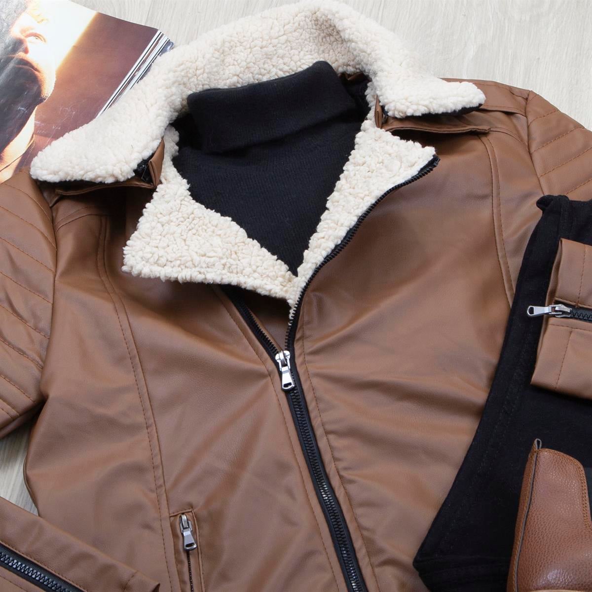 Taba Kürklü Deri Ceket Boğazlı Body Pantolon Ayakkabı Kombin