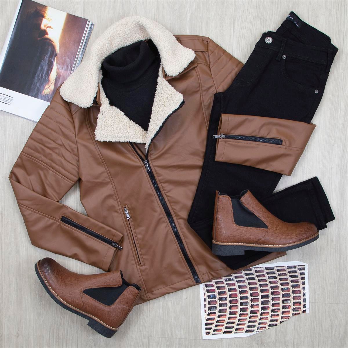 Taba Kürklü Deri Ceket Boğazlı Body Pantolon Ayakkabı Kombin