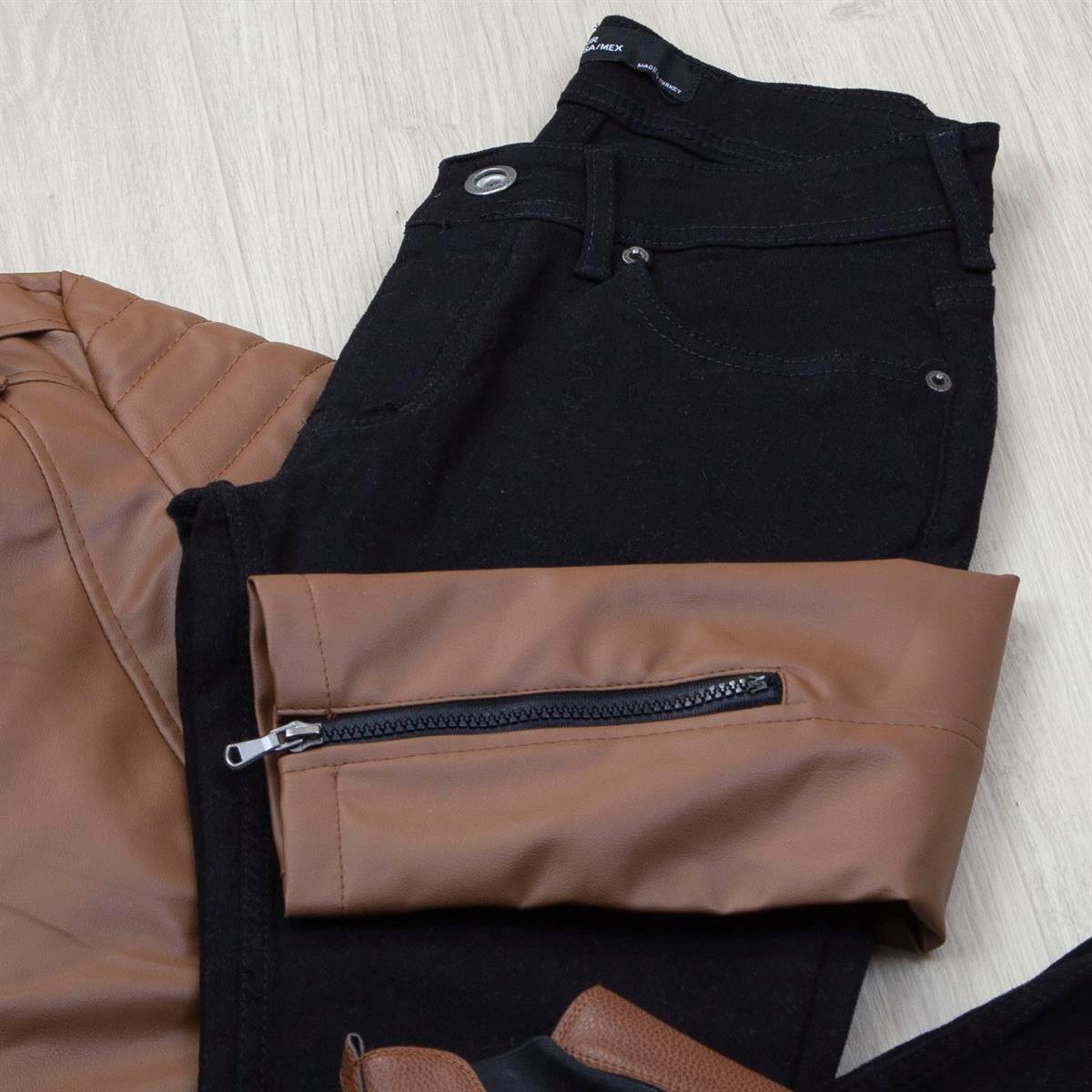 Taba Kürklü Deri Ceket Boğazlı Body Pantolon Ayakkabı Kombin