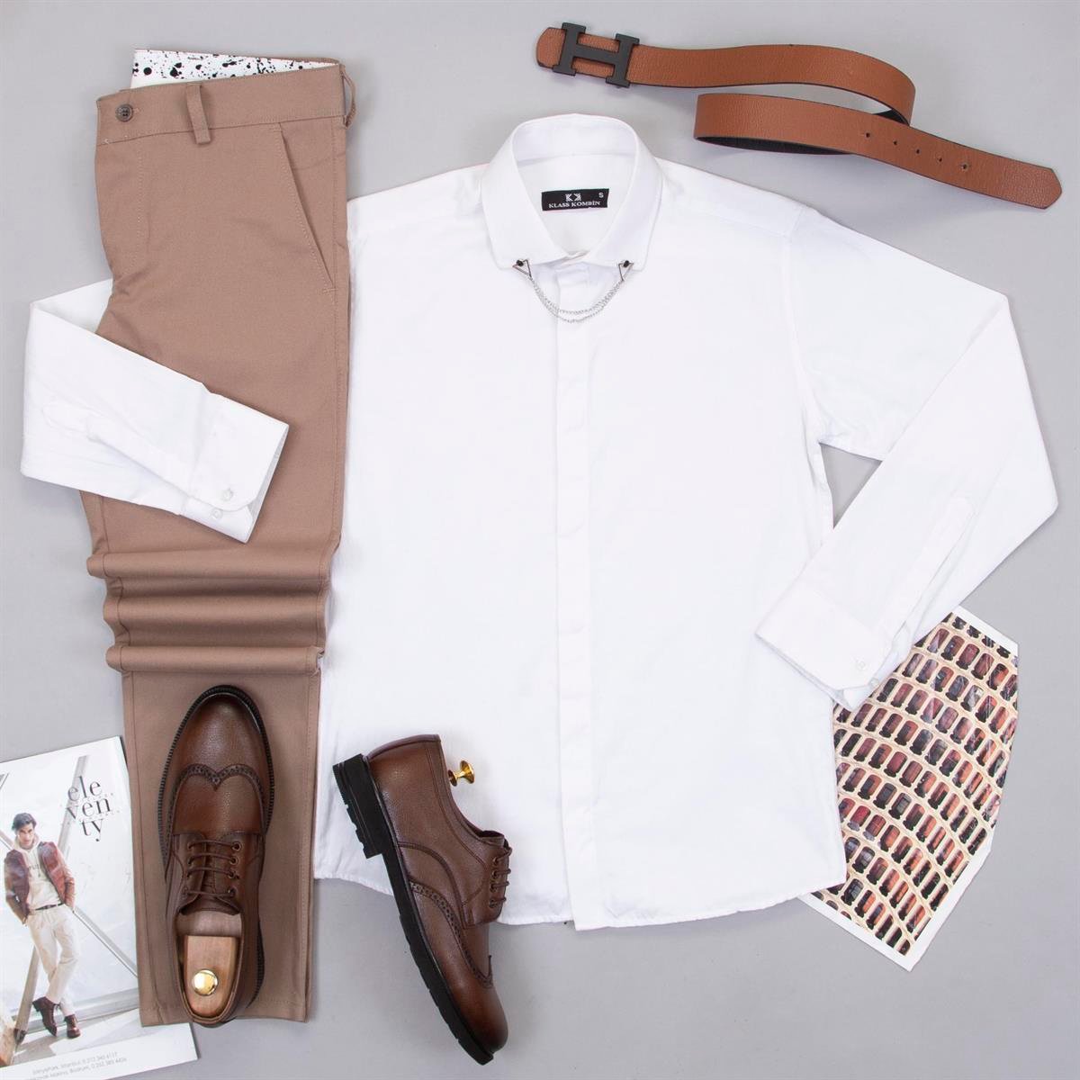 Taba Pantolon Beyaz Gömlek Ayakkabı Kombin