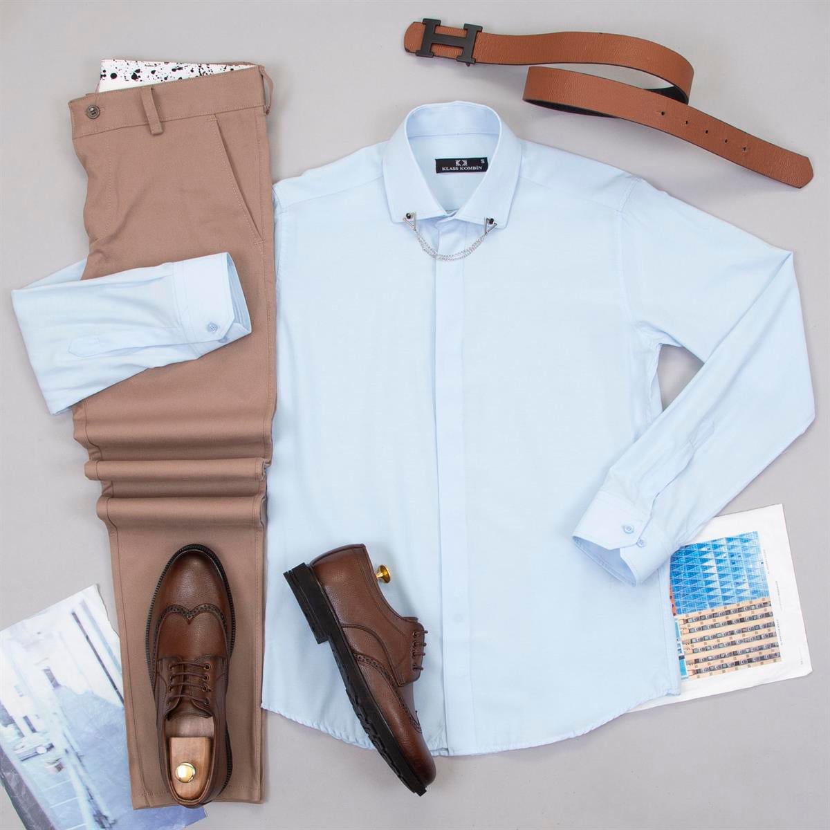 Taba Pantolon Mavi Gömlek Ayakkabı Kombin