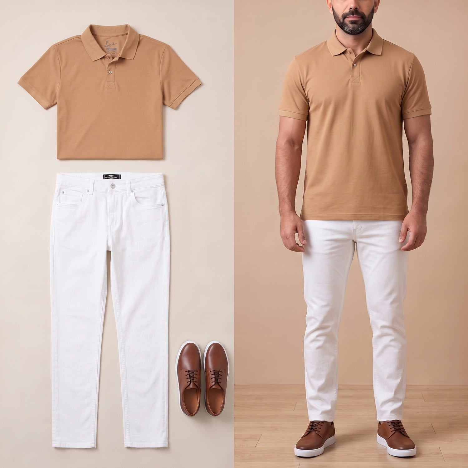 Taba Polo Yaka Tişört Kombini Erkek | Slim Fit Şık Komple Set 