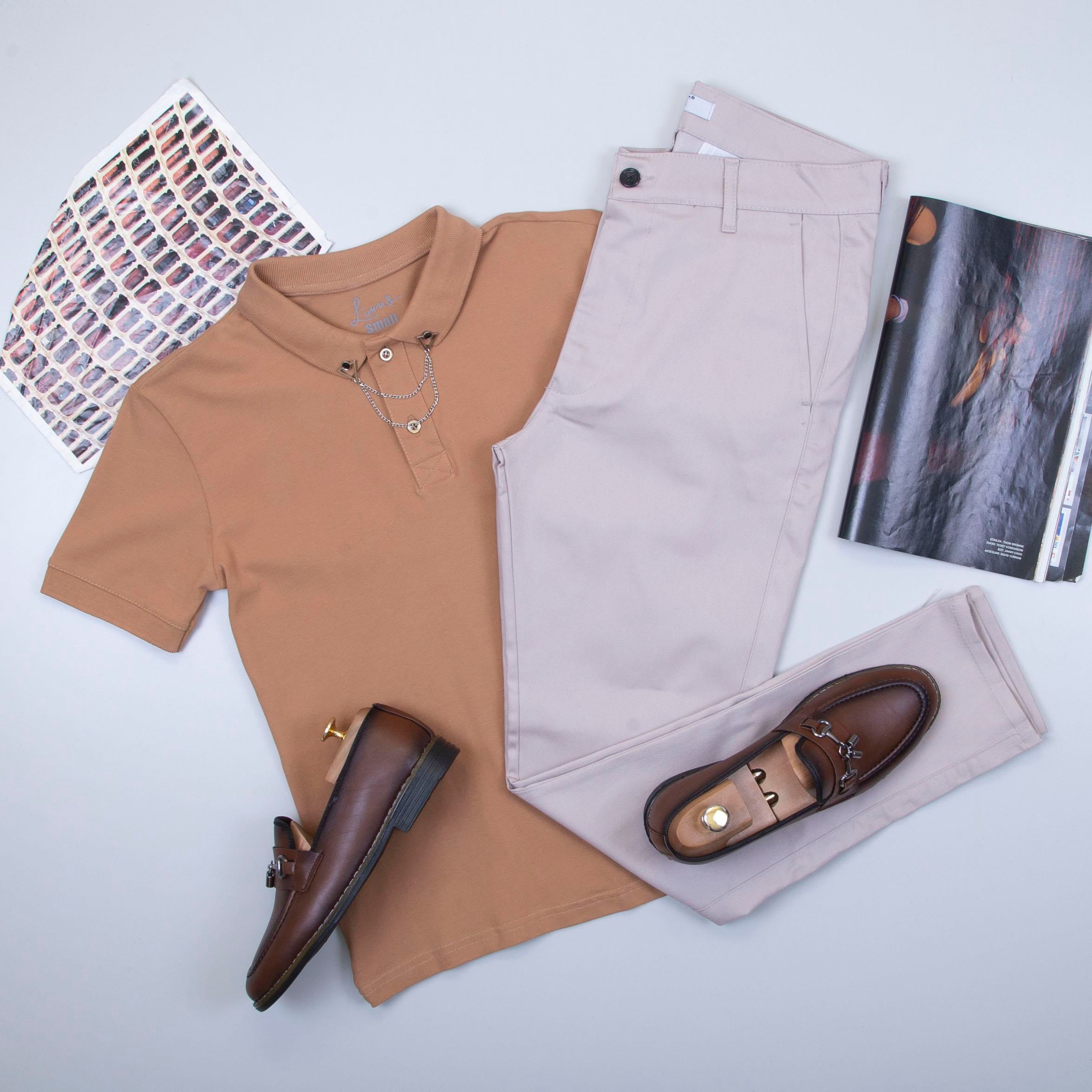 Taba Polo Yaka Tişört Pantolon Ayakkabı Kombin