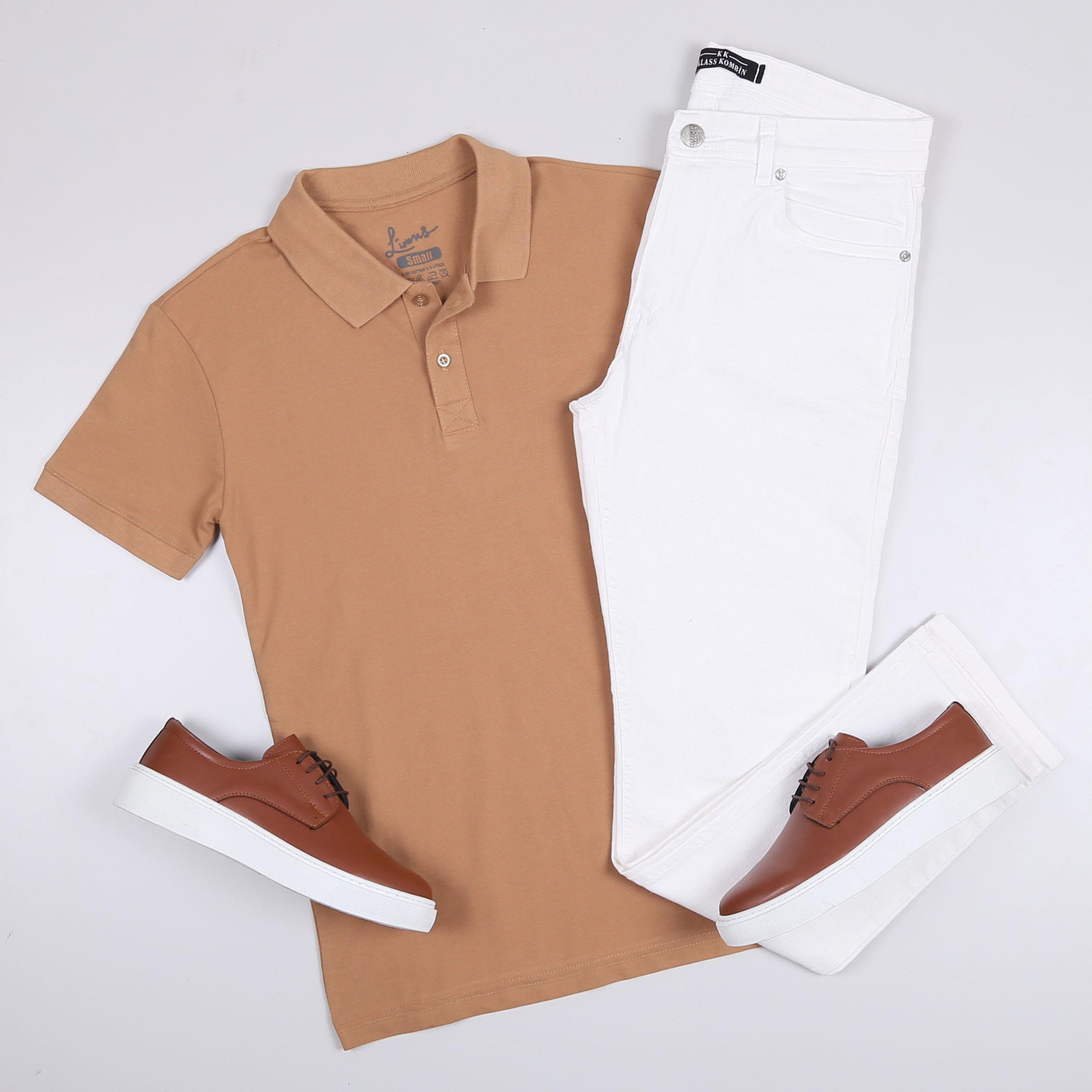 Taba Polo Yaka Tişört Pantolon Ayakkabı Kombin