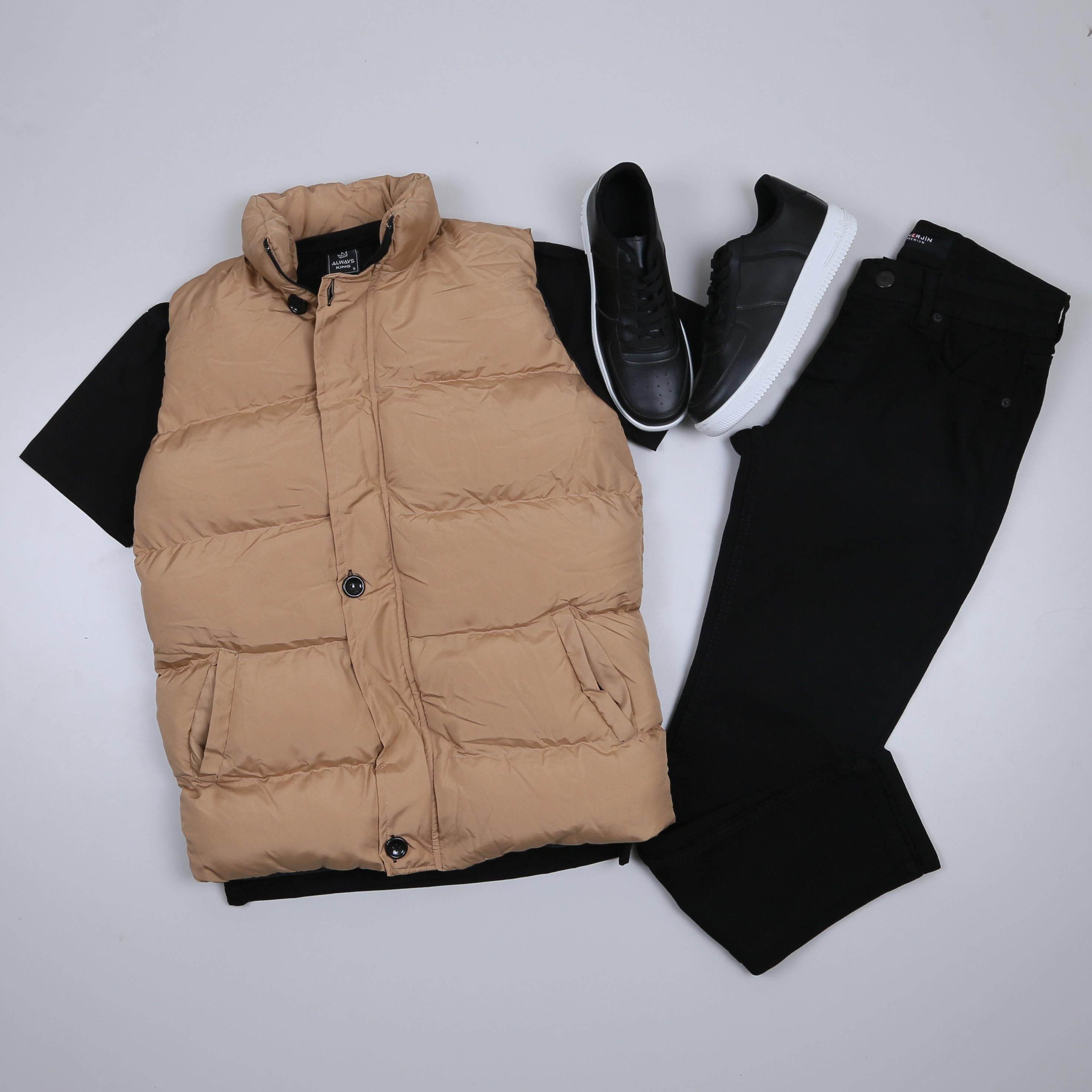 Taba Şişme Yelek Basic Pantolon Ayakkabı Kombin