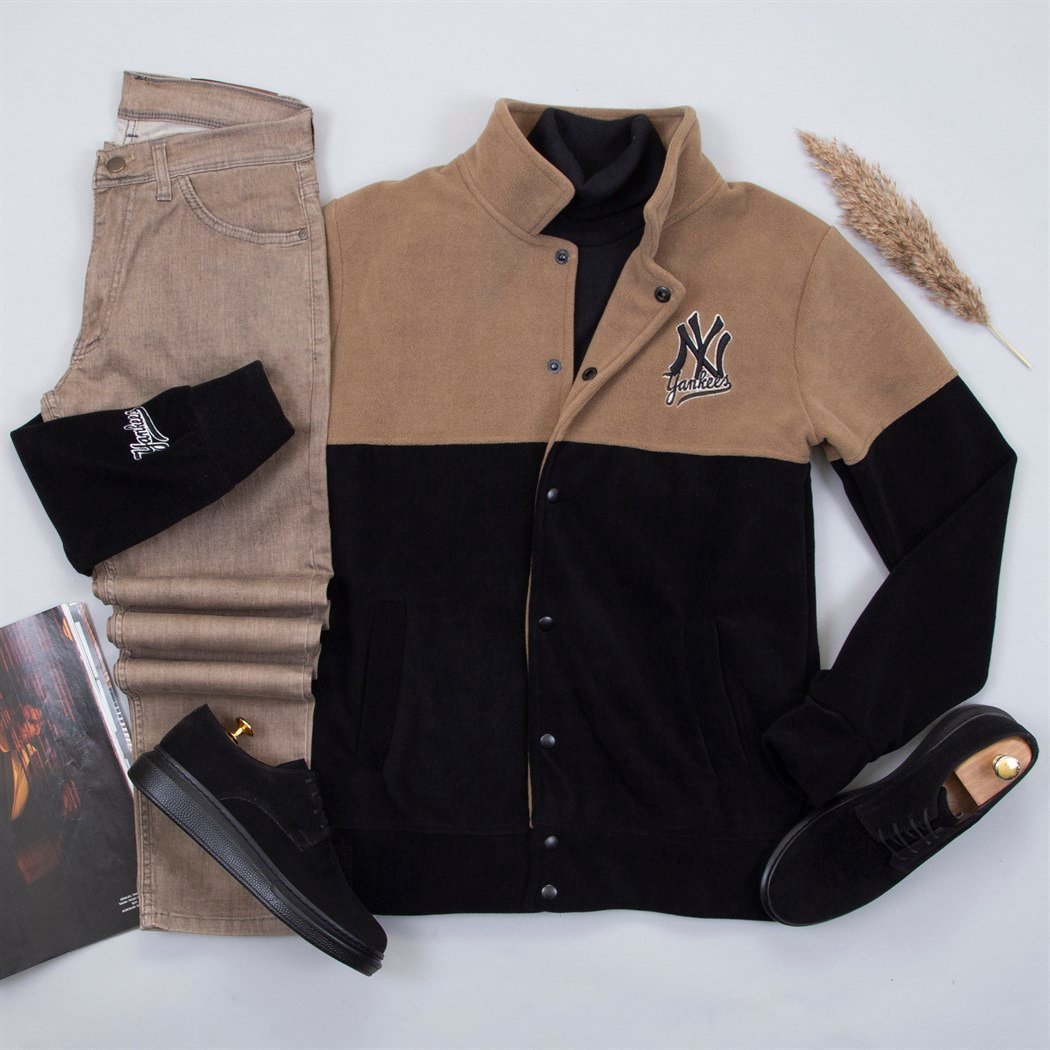 Taba Siyah Polar Kolej Ceket Boğazlı Kazak Pantolon Ayakkabı Kombin