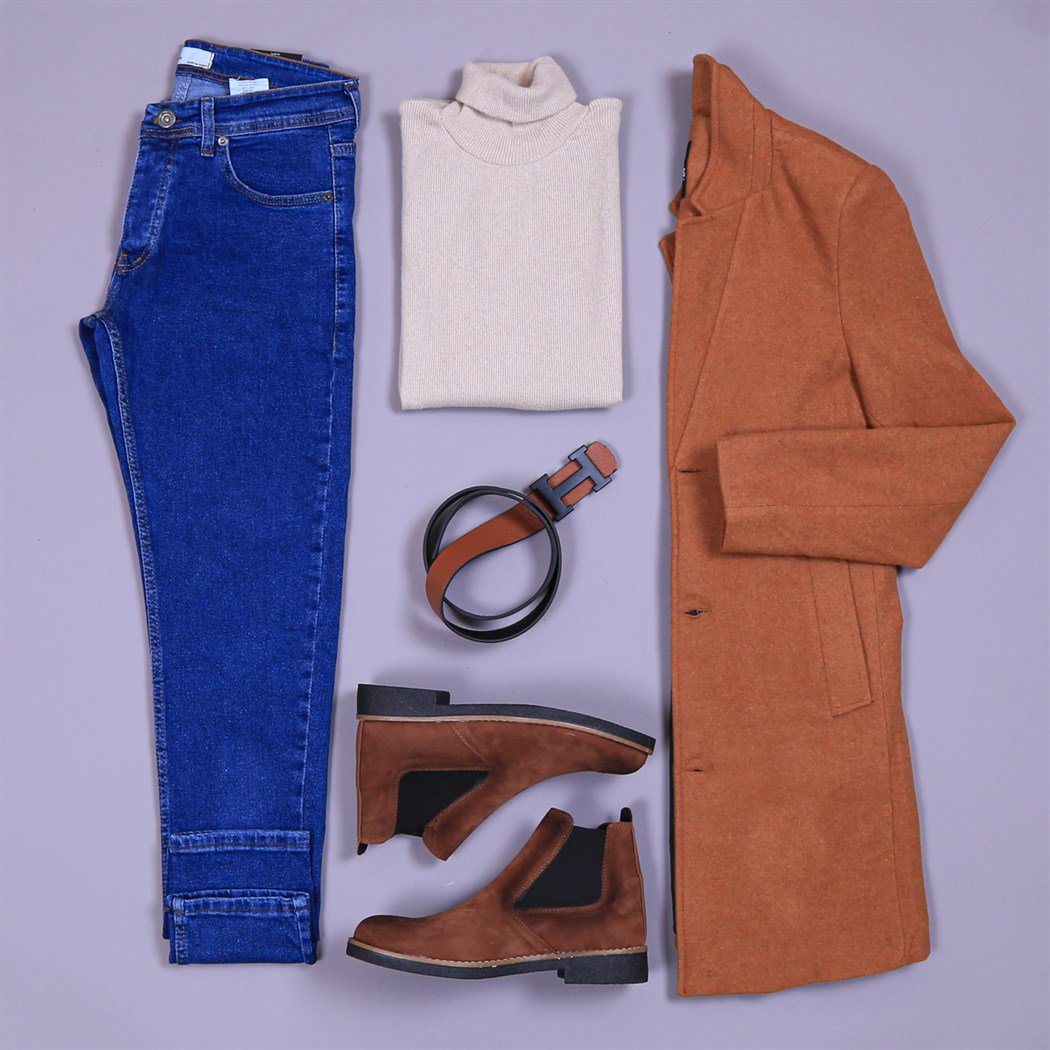 Taba Uzun Ceket Bot Pantolon Kazak kombini