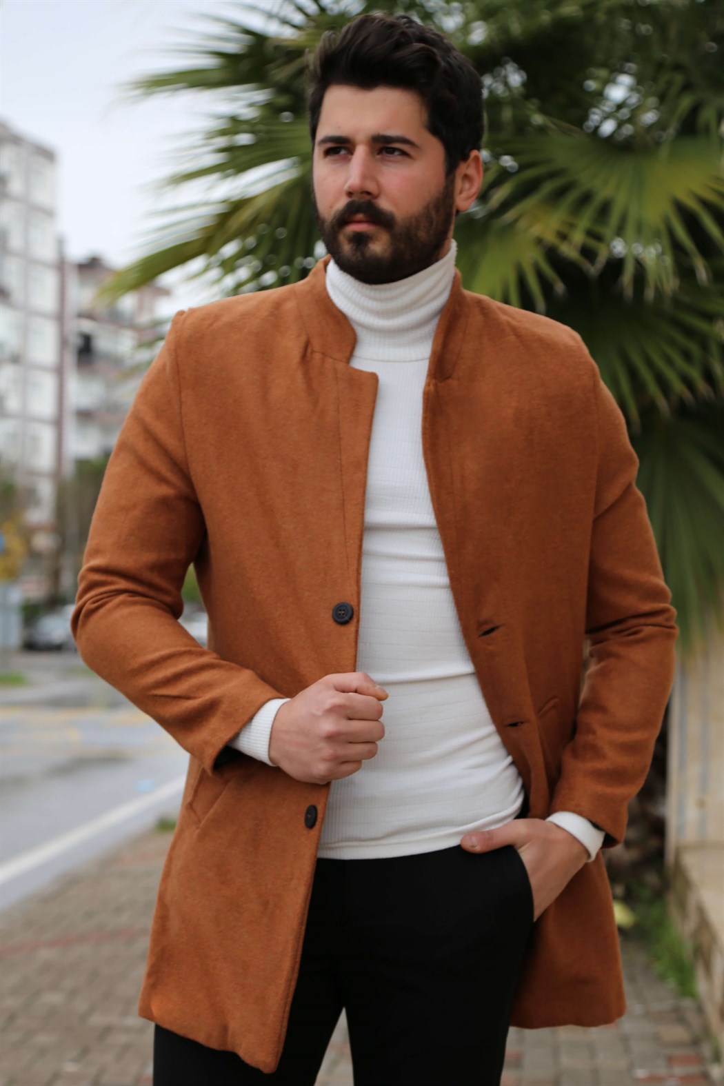 ERKEK Uzun Kaşe Kaban TABA mont TABA