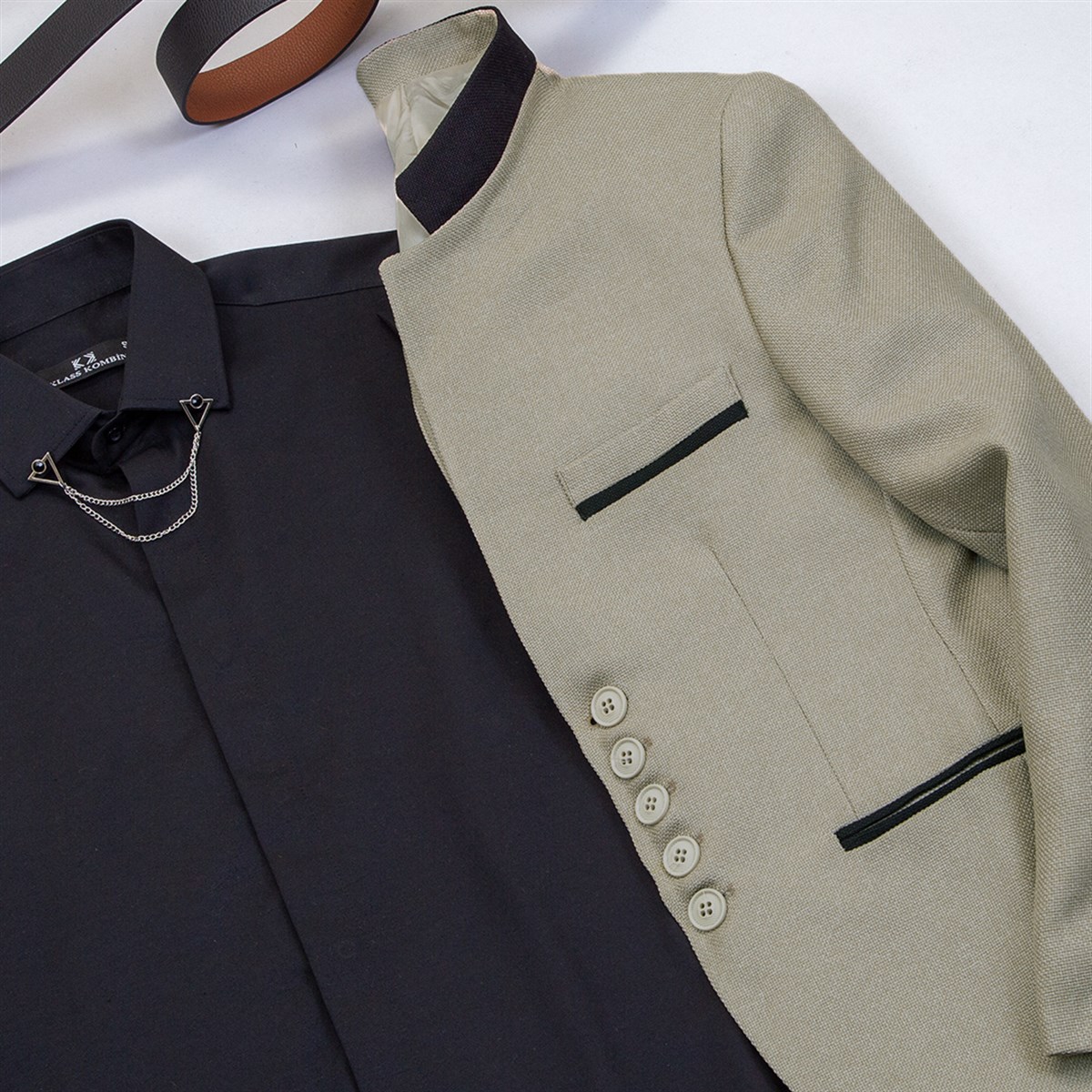 Taş Dik Yaka Blazer Ceket Gömlek Pantolon Ayakkabı Kombin