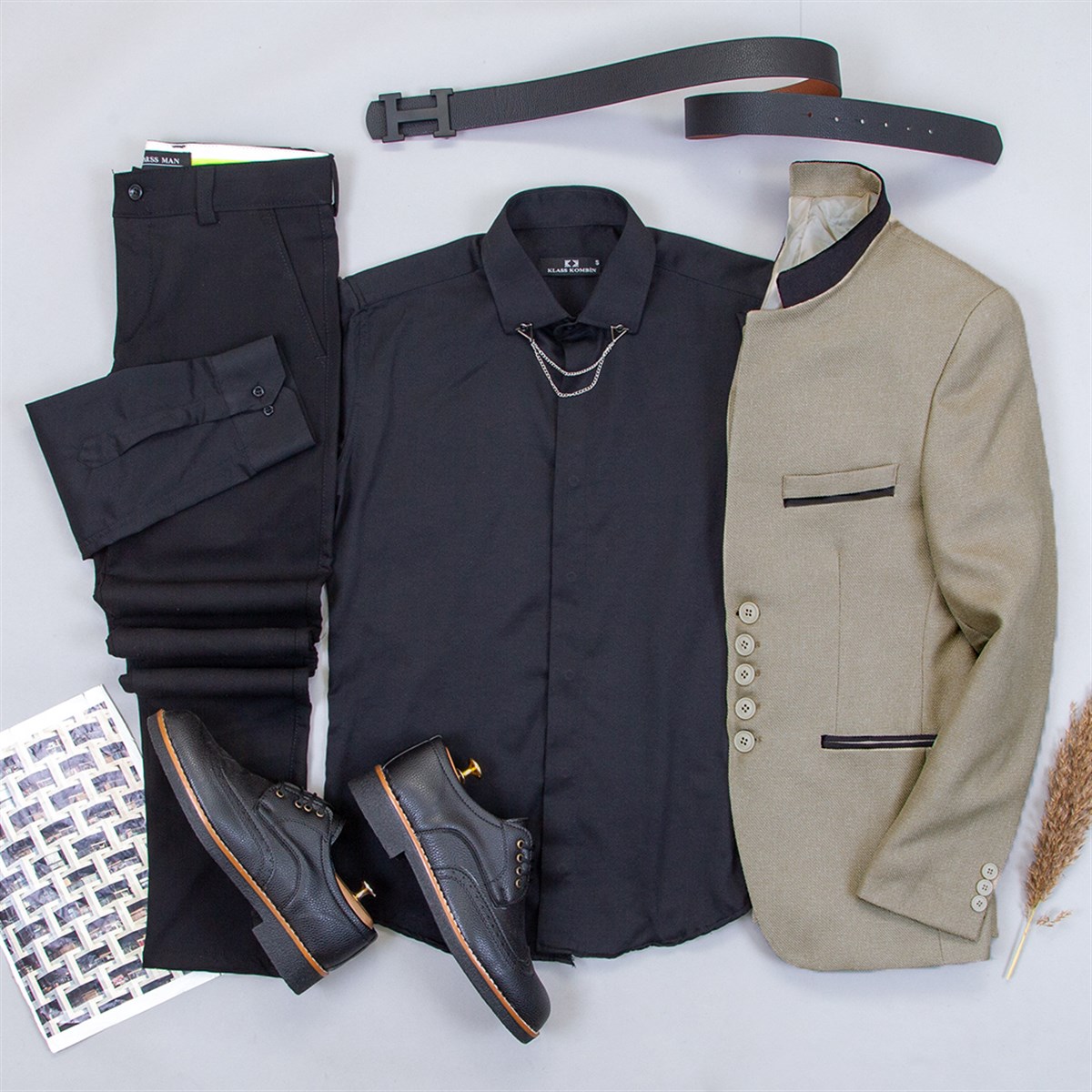 Taş Dik Yaka Blazer Ceket Gömlek Pantolon Ayakkabı Kombin