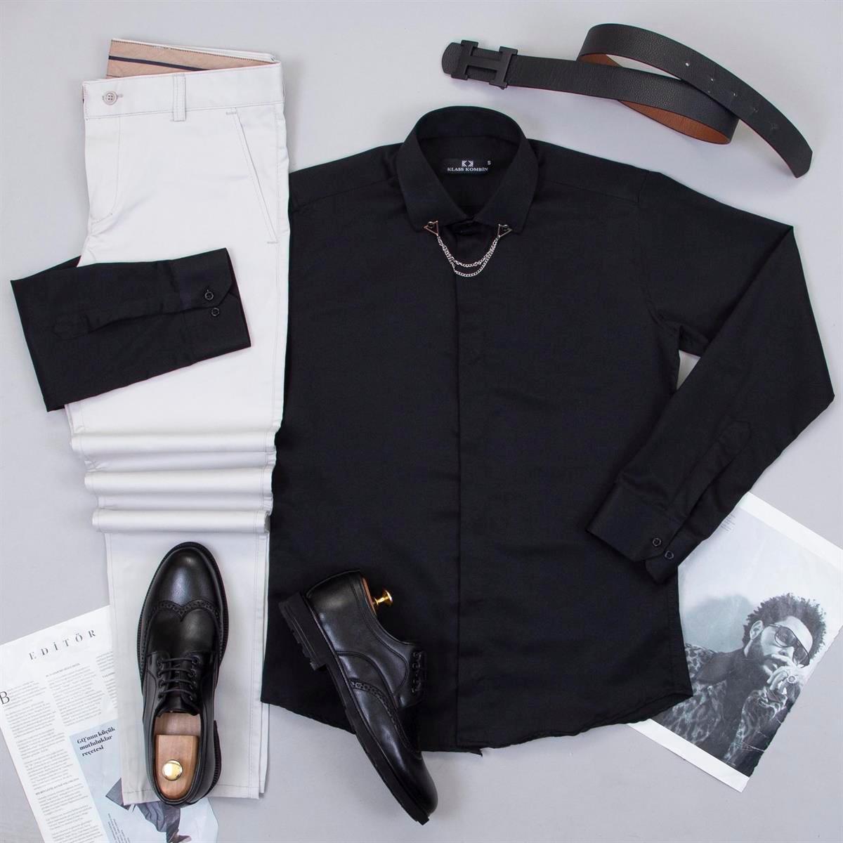 Taş Pantolon Siyah Gömlek Ayakkabı Kombin