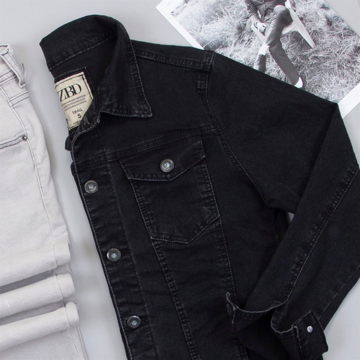 Taşlandırılmış Siyah Kot Ceket Kot Pantolon Kombin