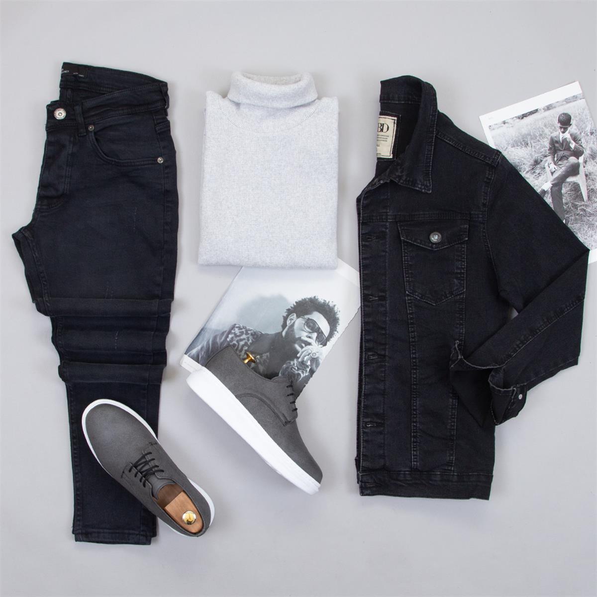 Taşlanmış Siyah Kot Ceket Tişört Pantolon Ayakkabı Kombin