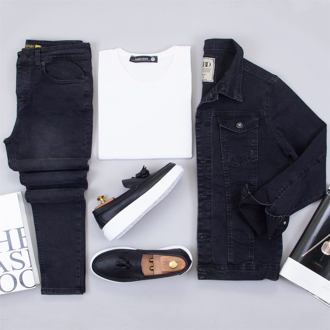 Taşlanmış Siyah Kot Ceket Tişört Pantolon Ayakkabı Kombin