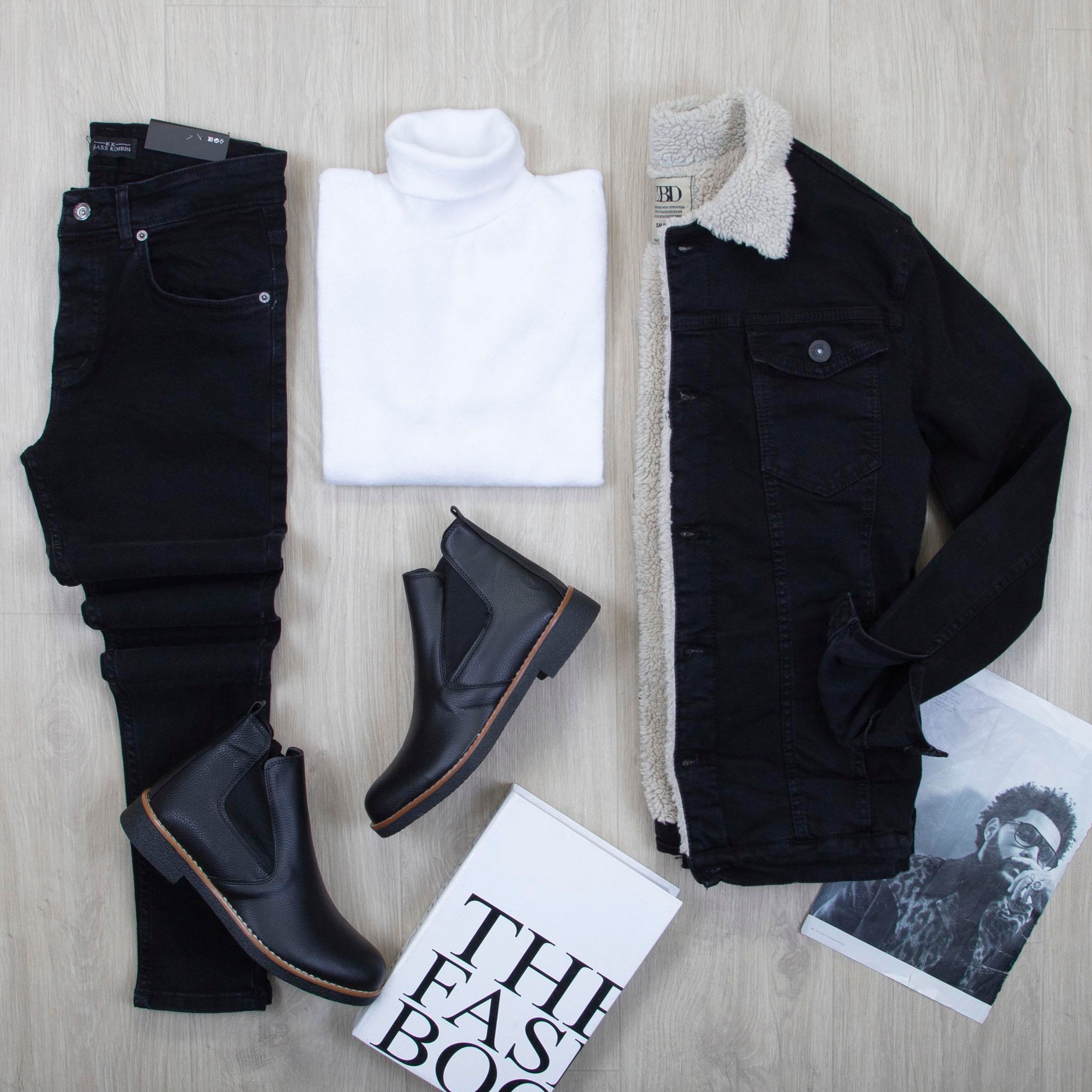 Taşlanmış Siyah Kürklü Kot Ceket Boğazlı Body Pantolon Bot Kombin