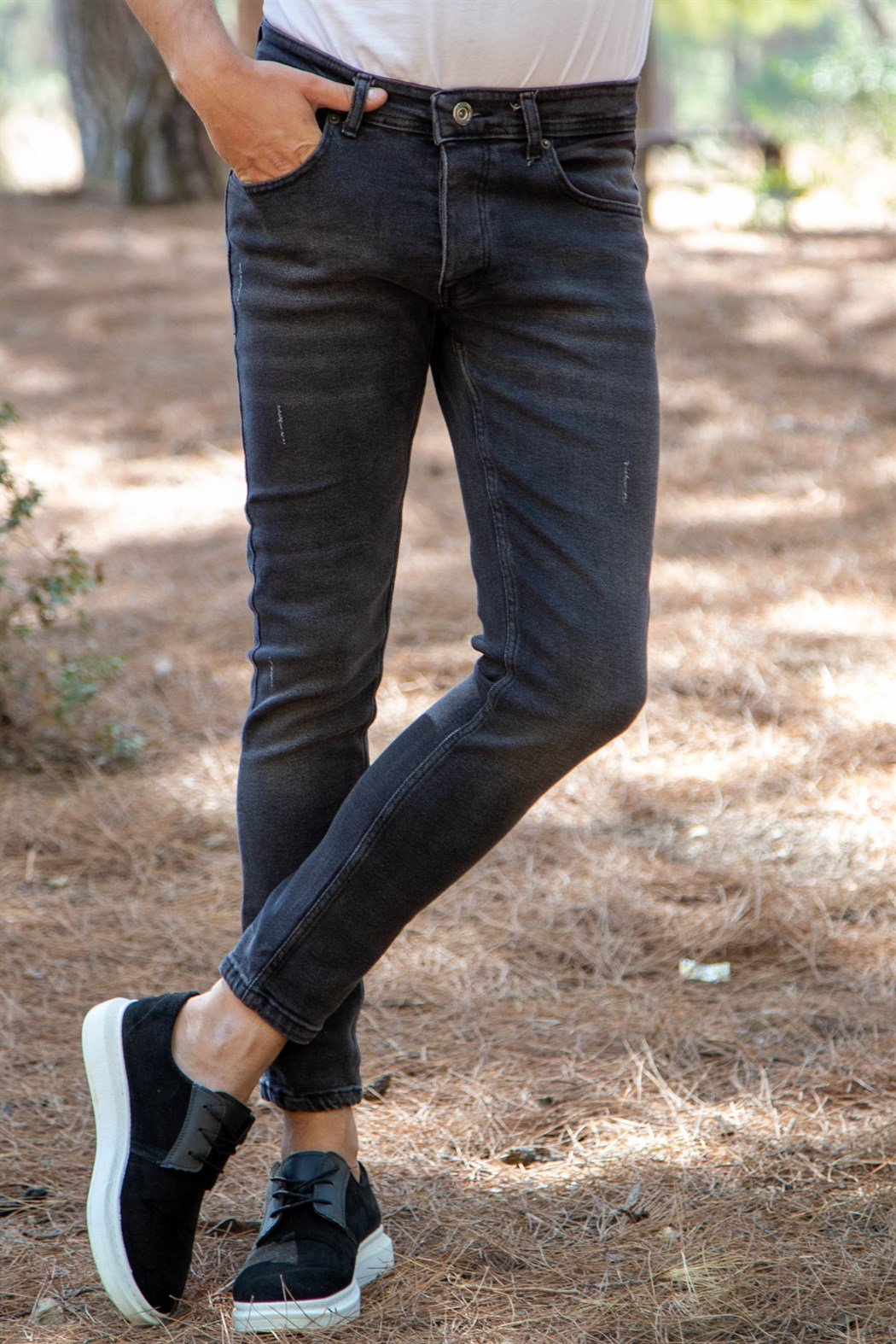 Tırnak detaylı slim fit likralı füme kot pantolon