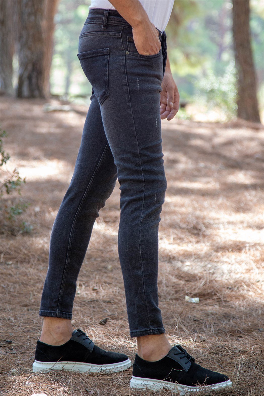 Tırnak detaylı slim fit likralı füme kot pantolon