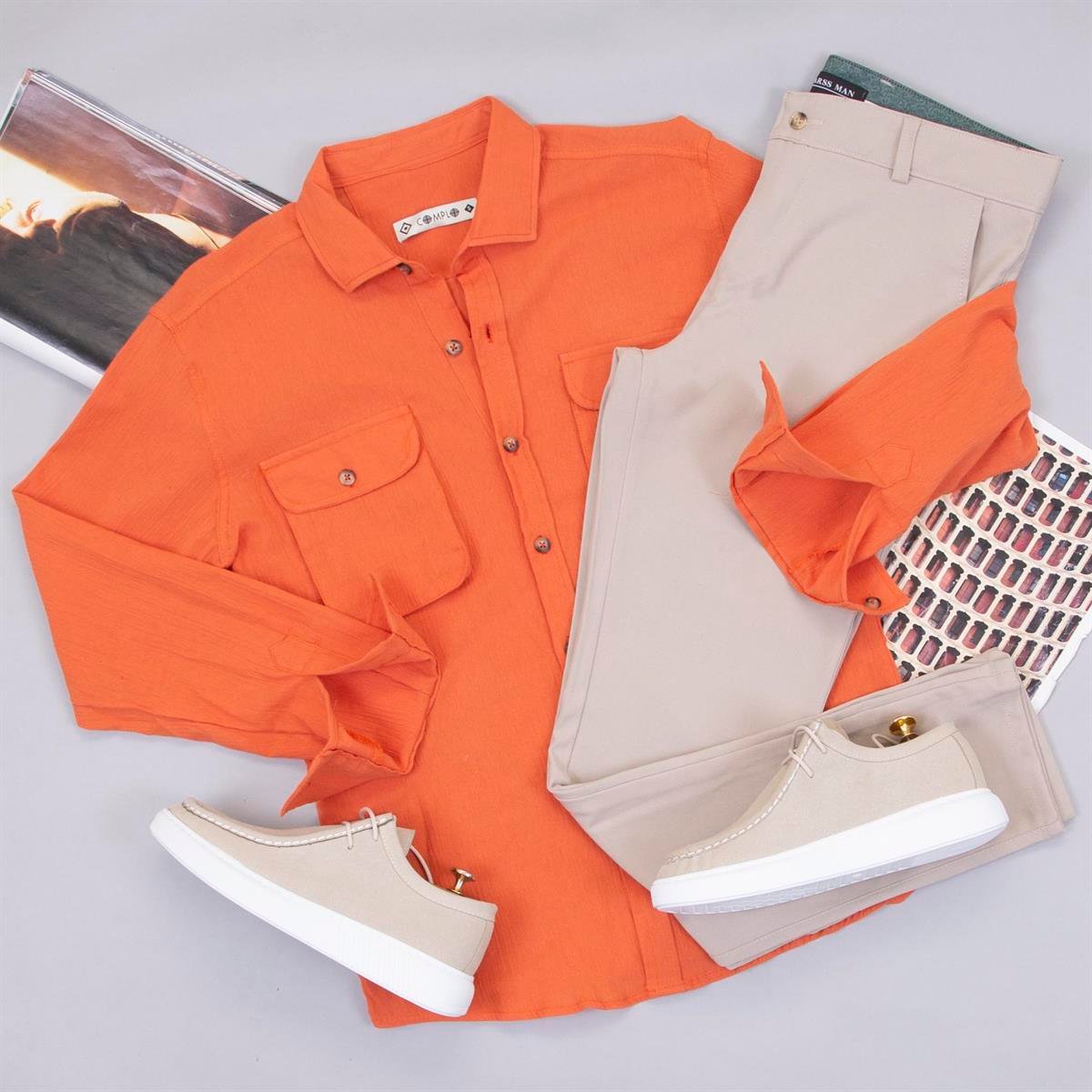 Turuncu Spor Gömlek Pantolon Ayakkabı Kombin