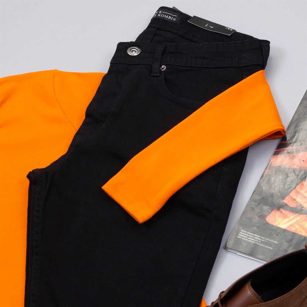 Uzun Kollu Turuncu Body Pantolon Bot Kombin