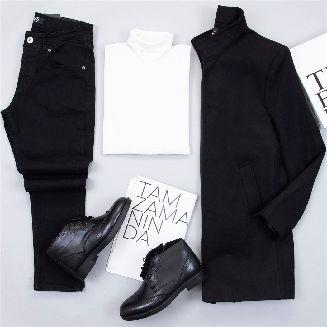 Uzun Siyah Kaşe Kaban Boğazlı Kazak Pantolon Bot Kombin