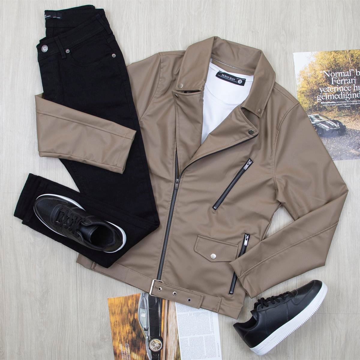 Vizon Deri Ceket Tişört Pantolon Ayakkabı Kombin