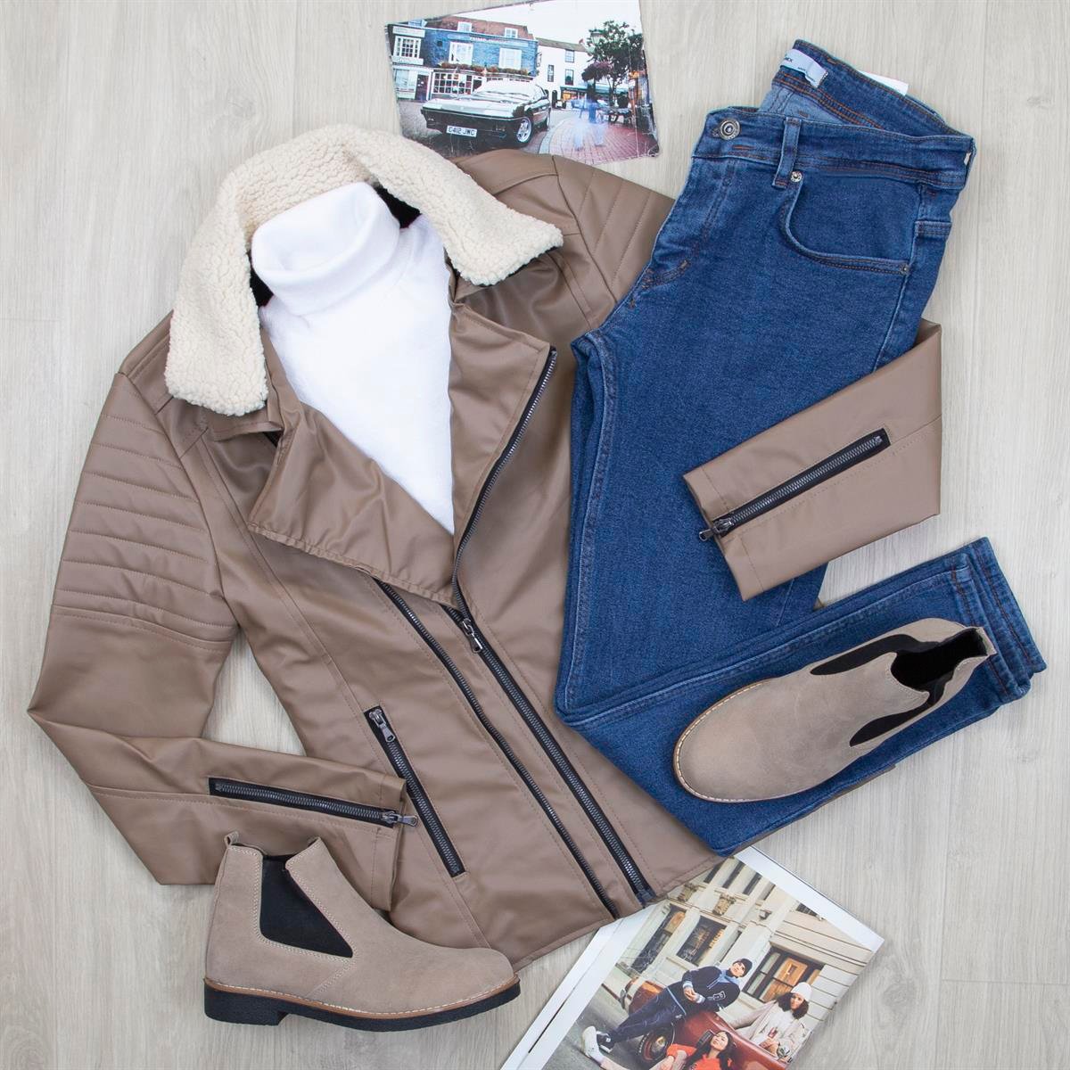 Vizon Kürklü Deri Ceket Boğazlı Body Pantolon Ayakkabı Kombin