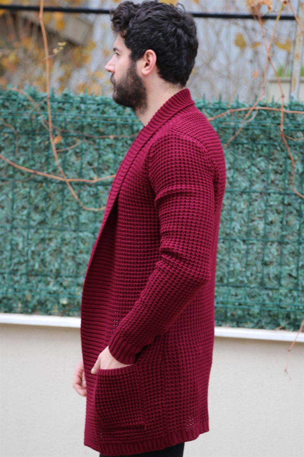 Yakalı Bordo Uzun Hırka