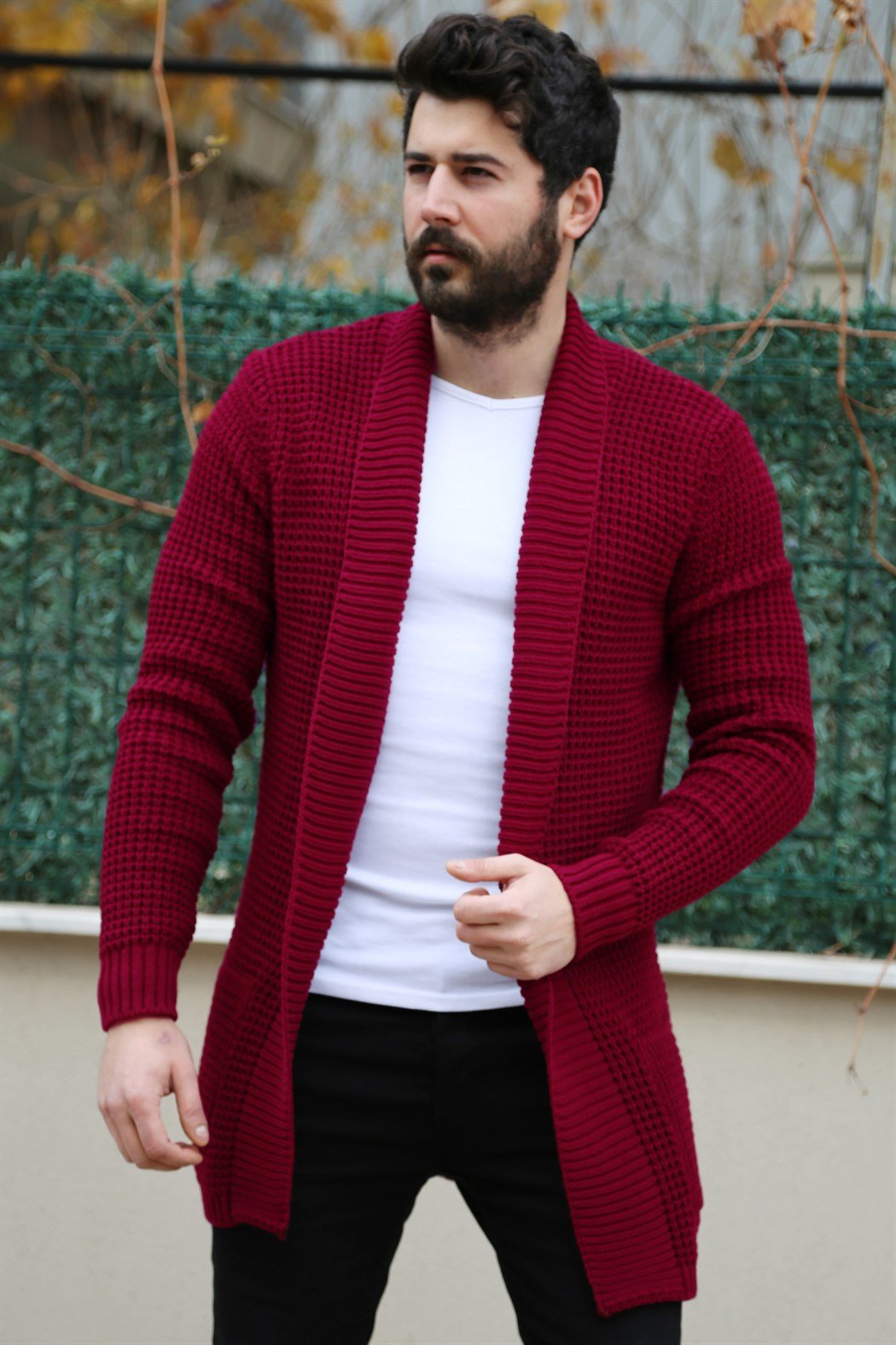 Yakalı Bordo Uzun Hırka