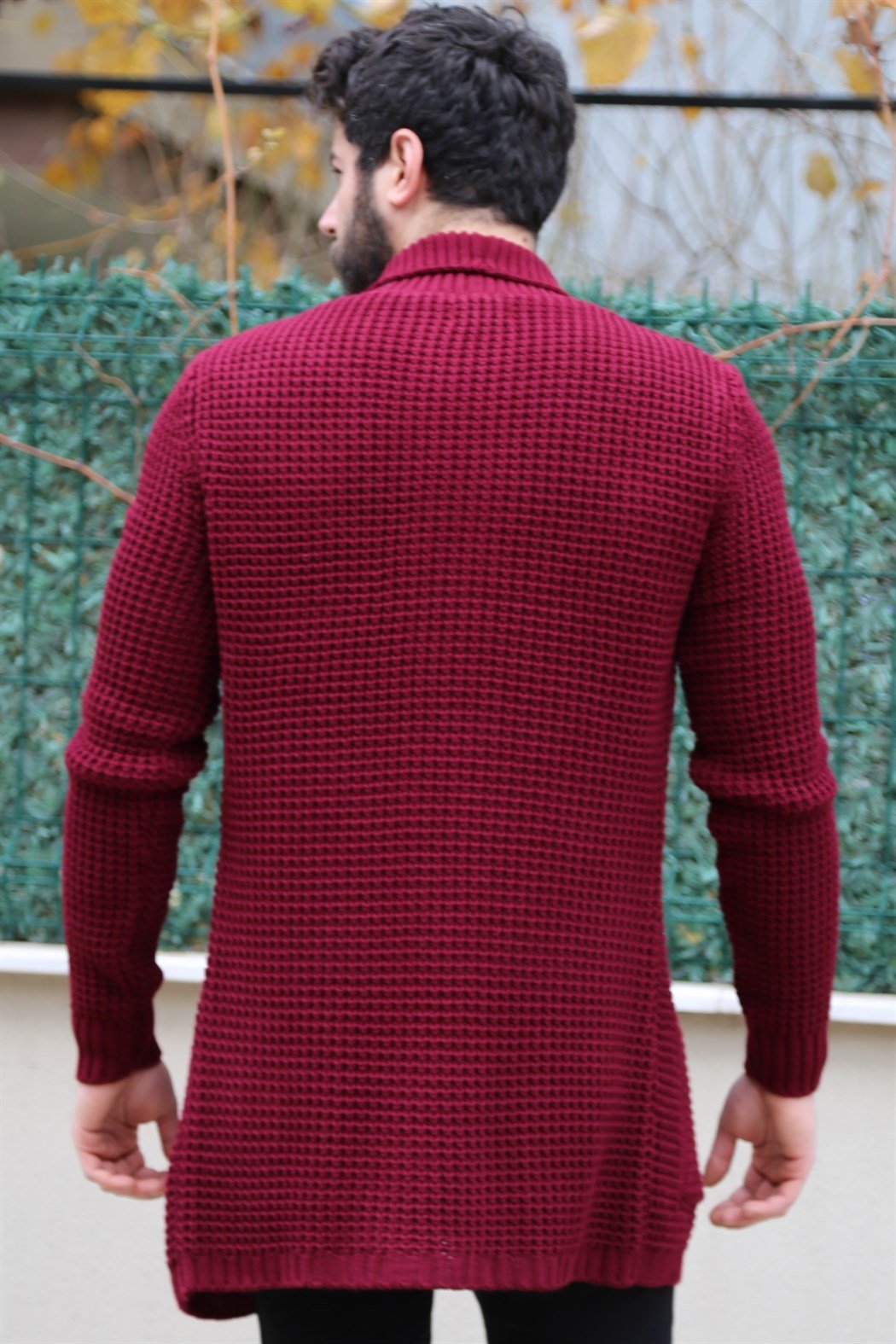 Yakalı Bordo Uzun Hırka