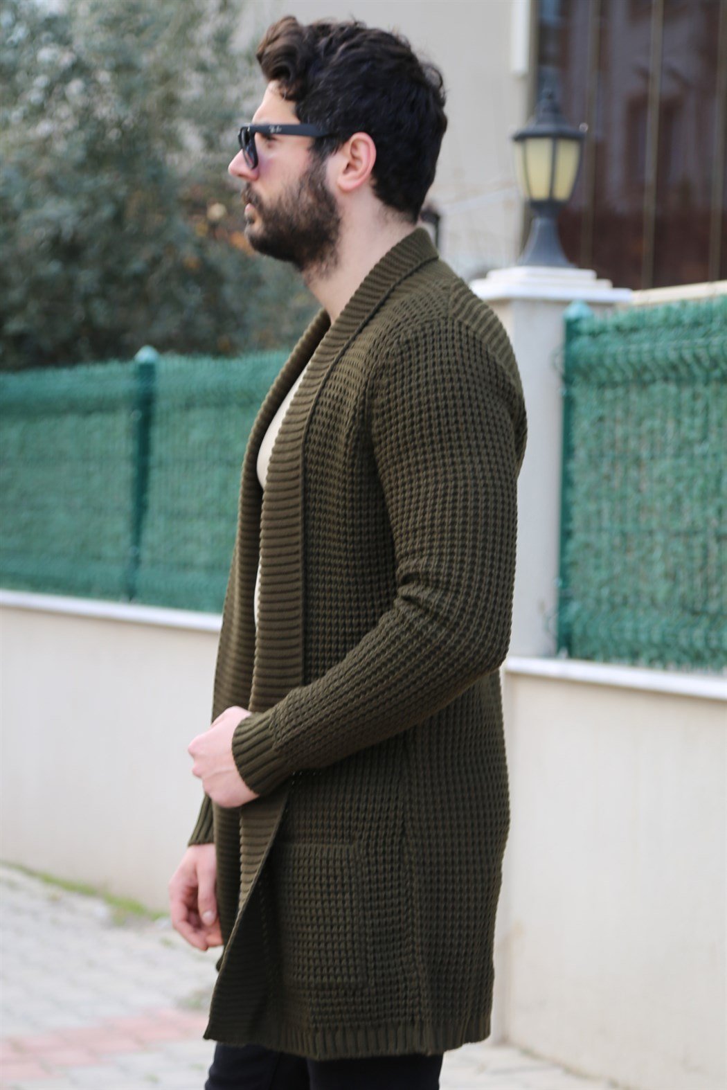 Yakalı Haki Uzun Hırka