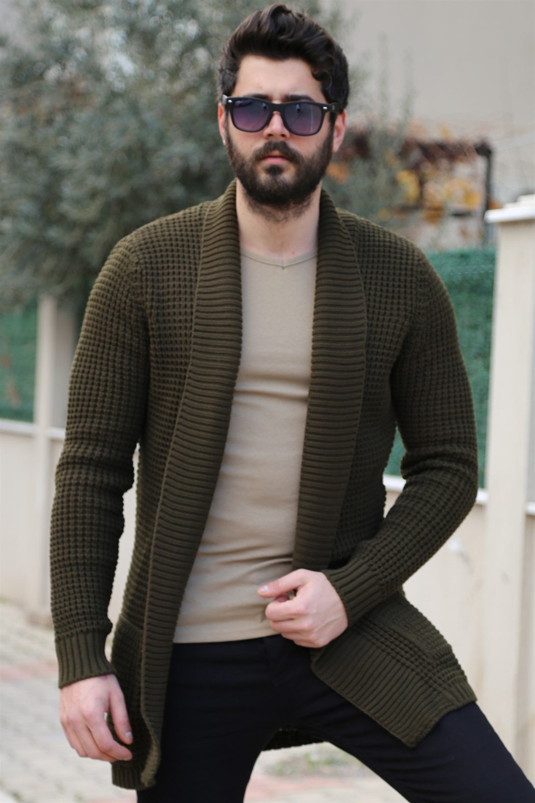 Yakalı Haki Uzun Hırka