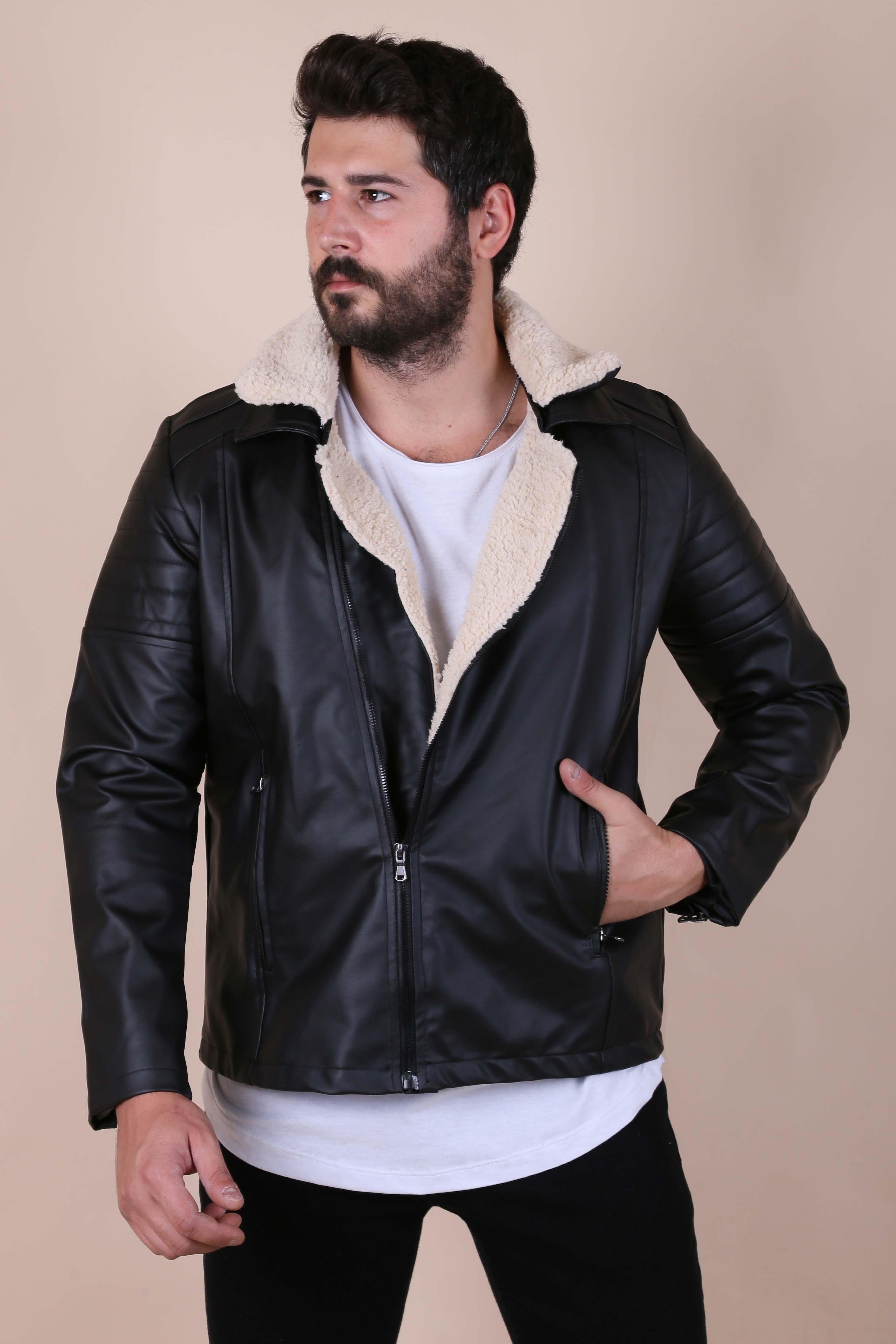 Yakası Çıkartılabilir Kürklü Deri Mont