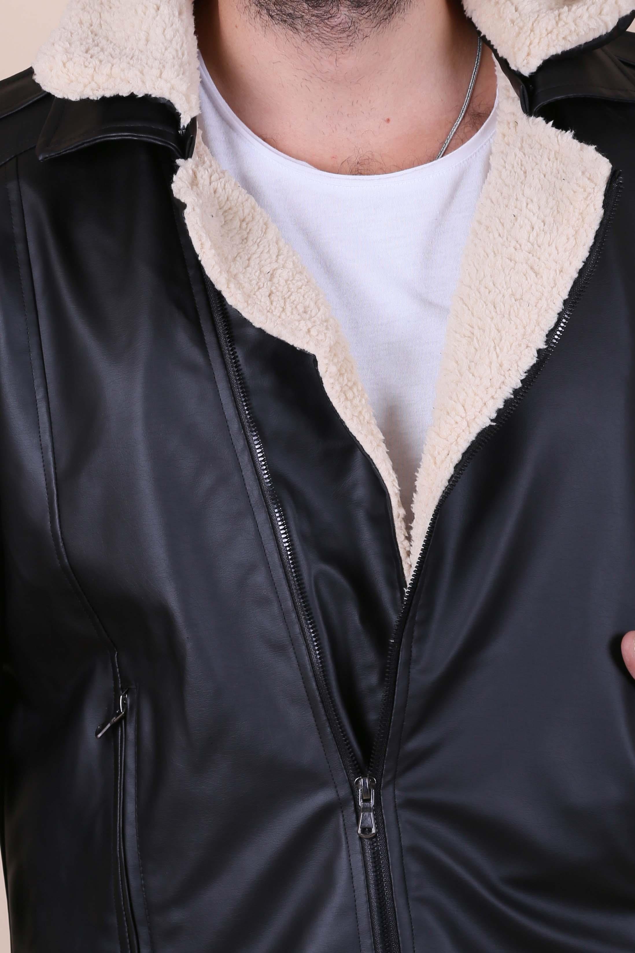 Yakası Çıkartılabilir Kürklü Deri Mont