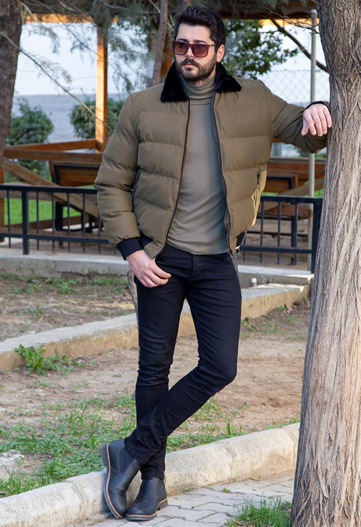 Yakası Kürklü Şişme Mont Boğazlı Kazak Pantolon Bot Kombin