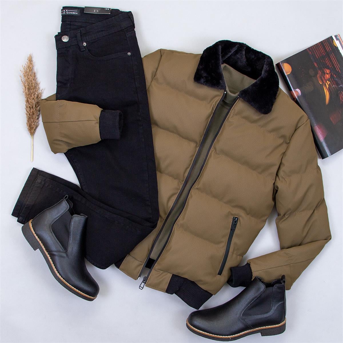 Yakası Kürklü Şişme Mont Boğazlı Kazak Pantolon Bot Kombin