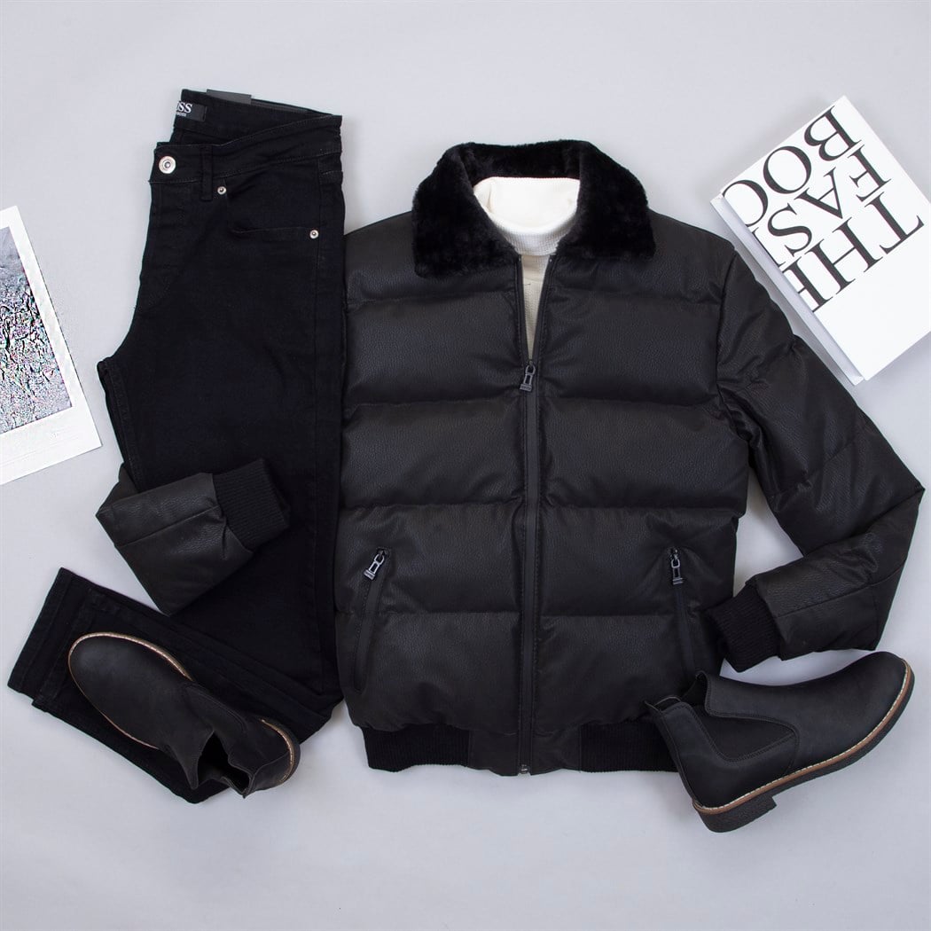 Yakası Kürklü Siyah Şişme Mont Kazak Pantolon Bot Kombin