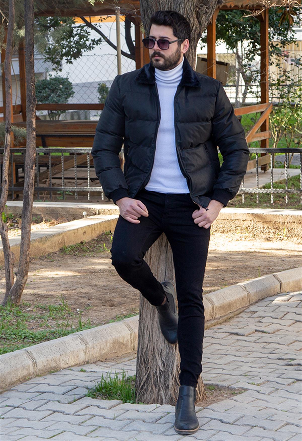 Yakası Kürklü Siyah Şişme Mont Kazak Pantolon Bot Kombin