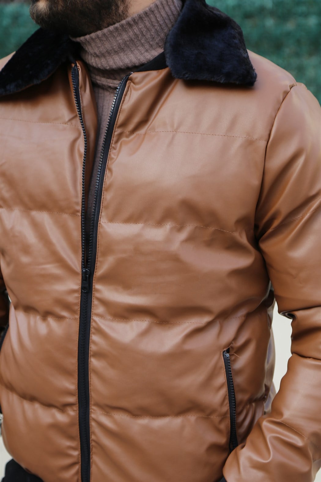 Yakası Kürklü Taba Şişme Mont