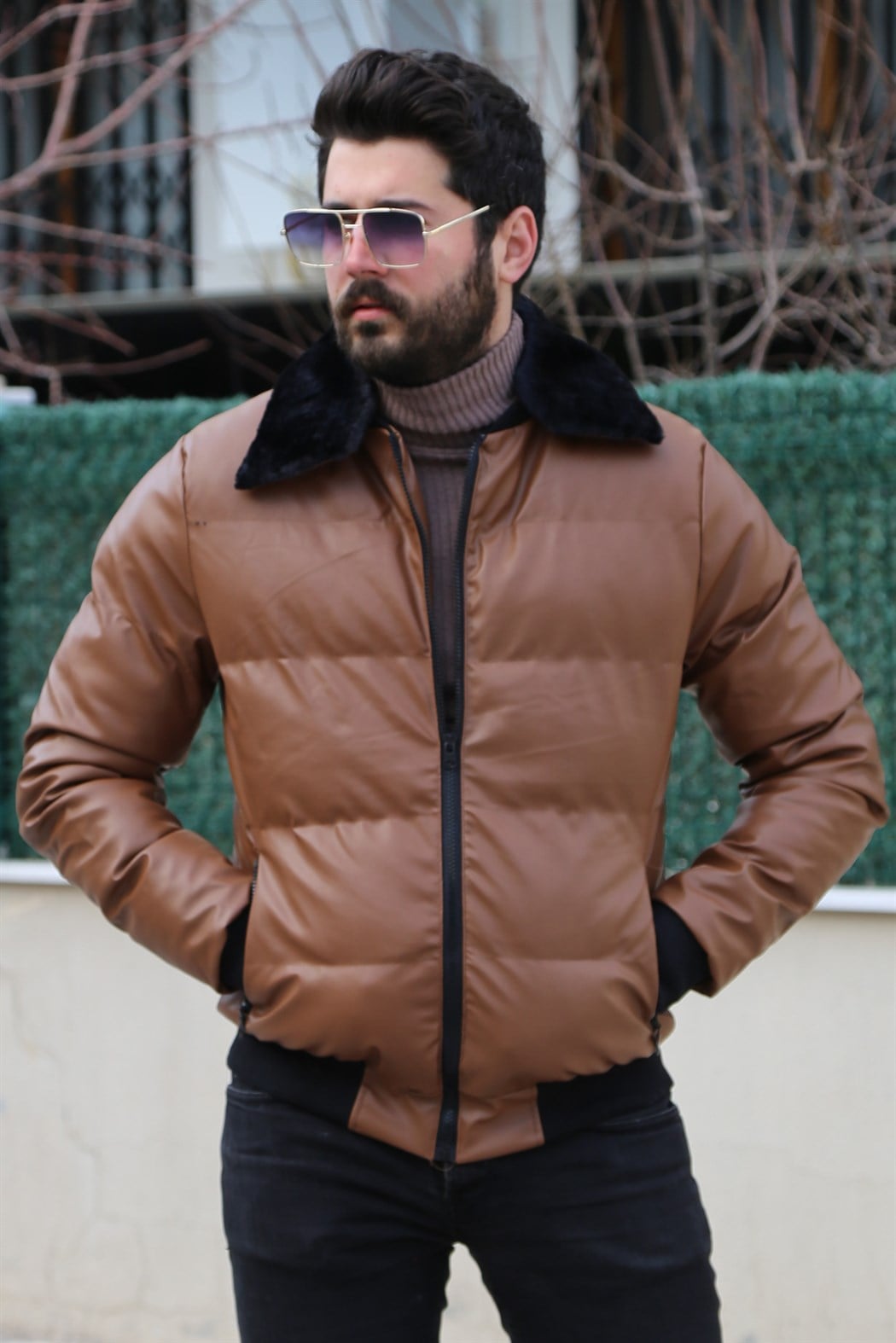 Yakası Kürklü Taba Şişme Mont