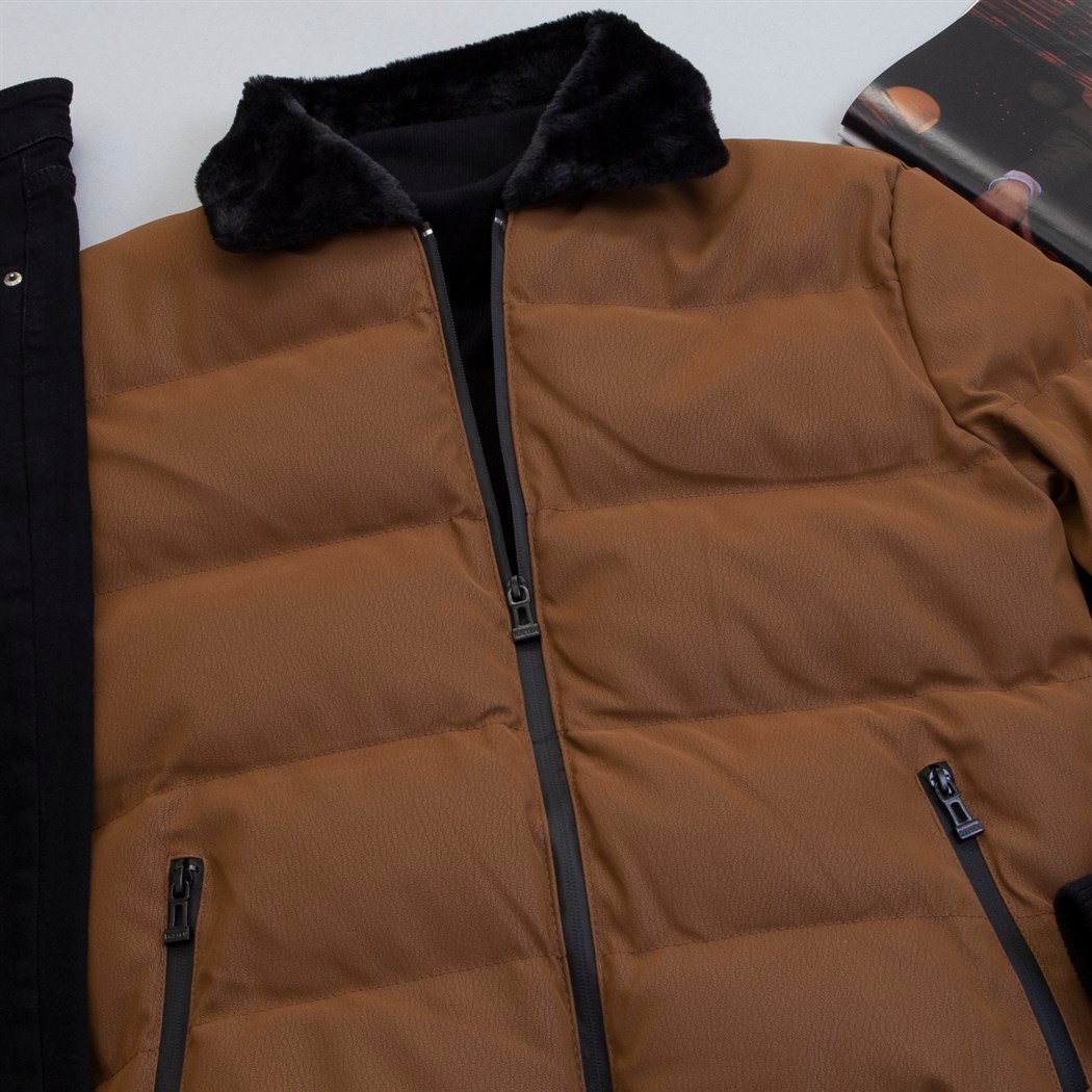 Yakası Kürklü Taba Şişme Mont Kazak Pantolon Ayakkabı Kombin