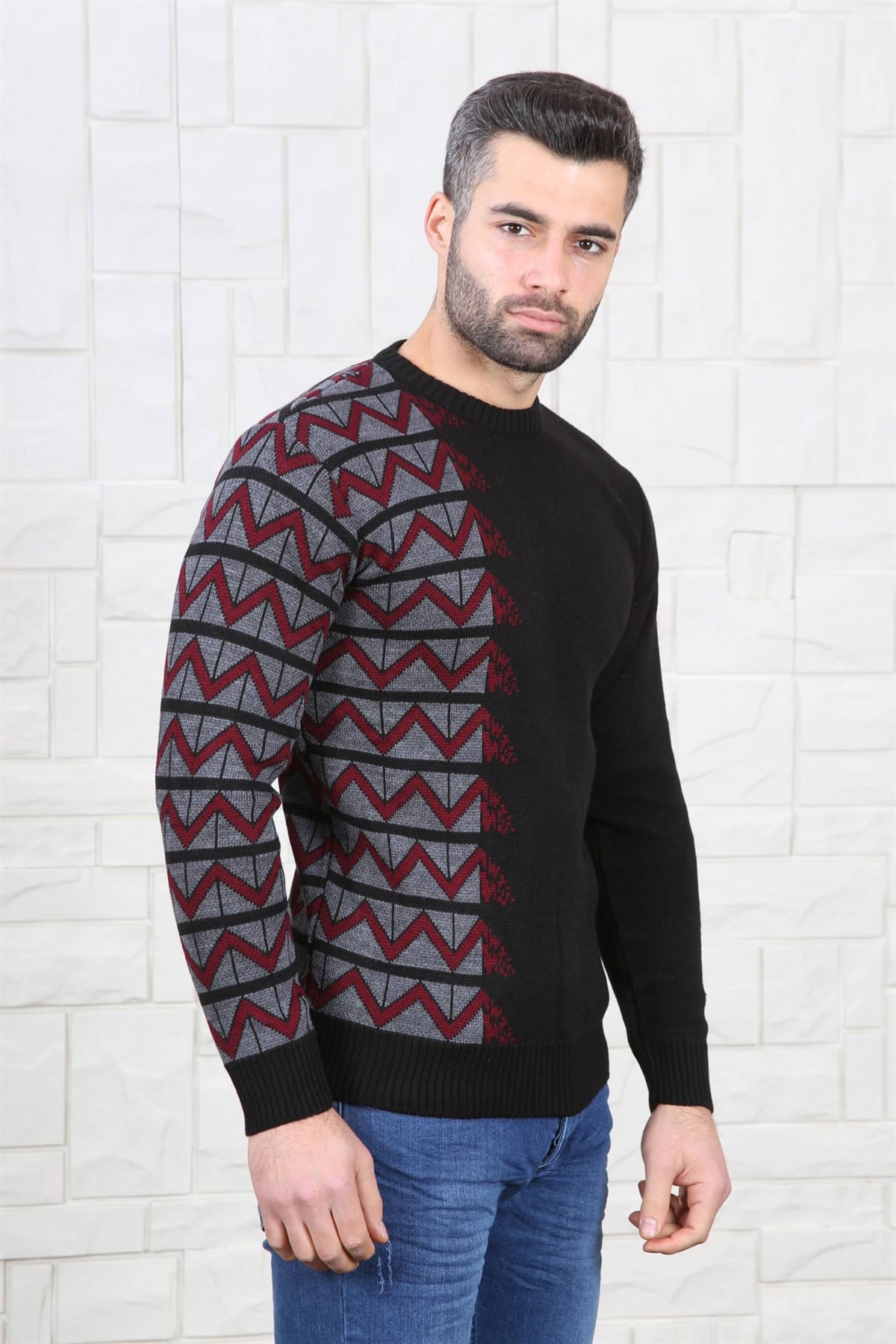 YANI ZİGZAG DESEN BİSİKLET YAKA ERKEK KAZAK SİYAH