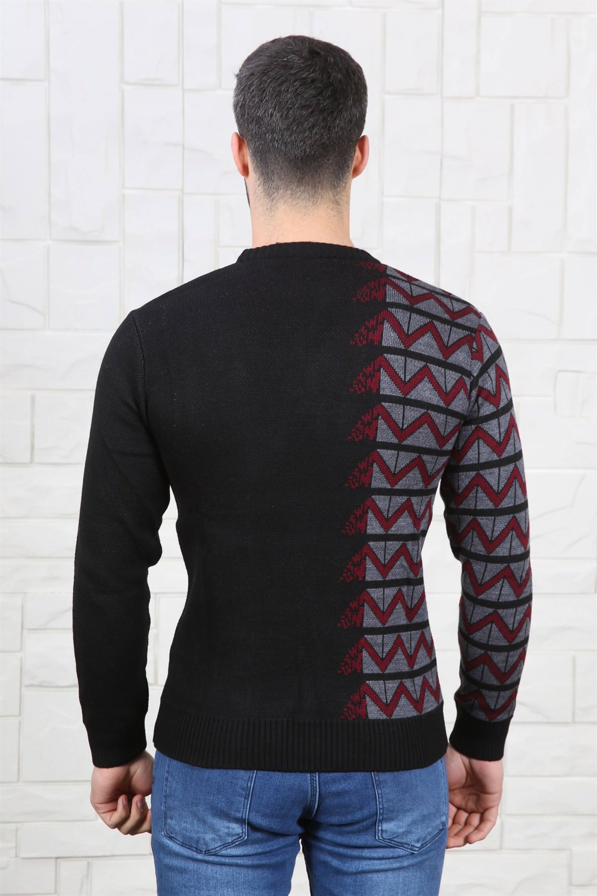 YANI ZİGZAG DESEN BİSİKLET YAKA ERKEK KAZAK SİYAH