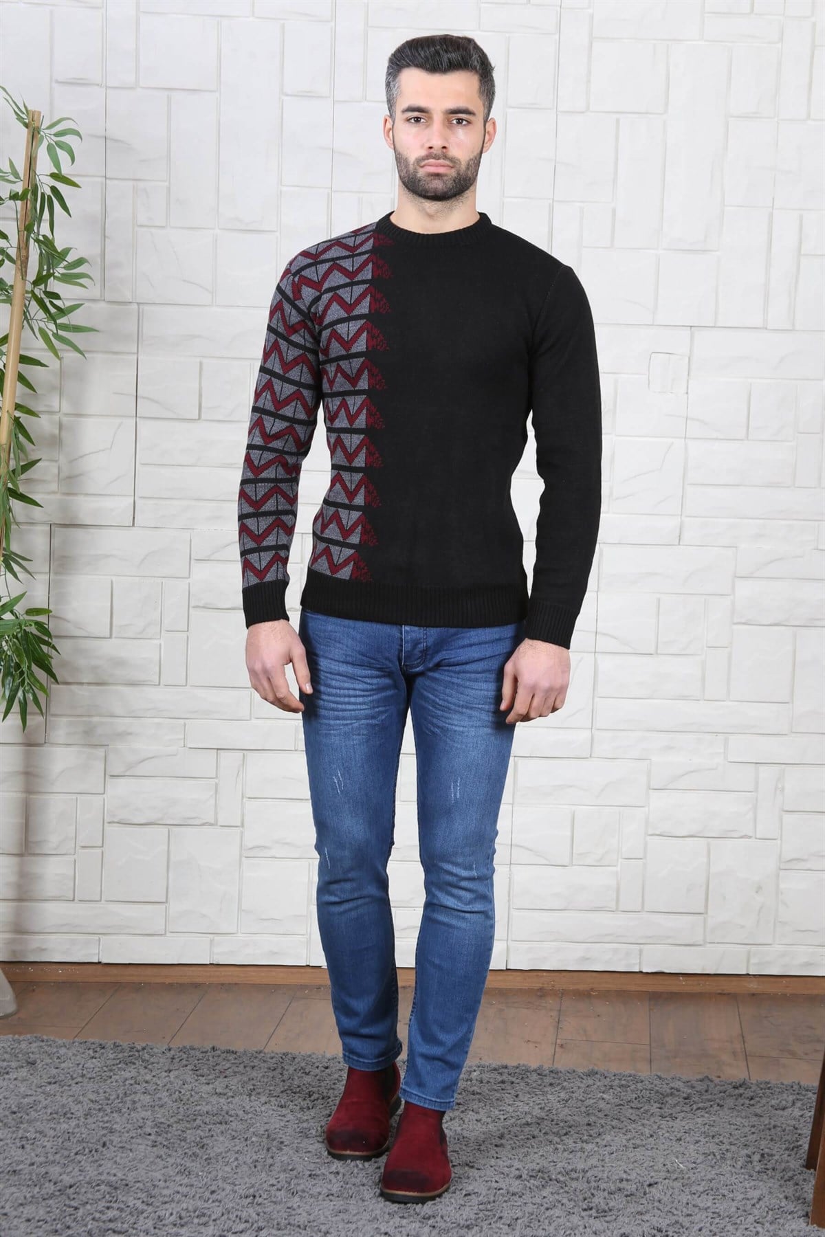 YANI ZİGZAG DESEN BİSİKLET YAKA ERKEK KAZAK SİYAH